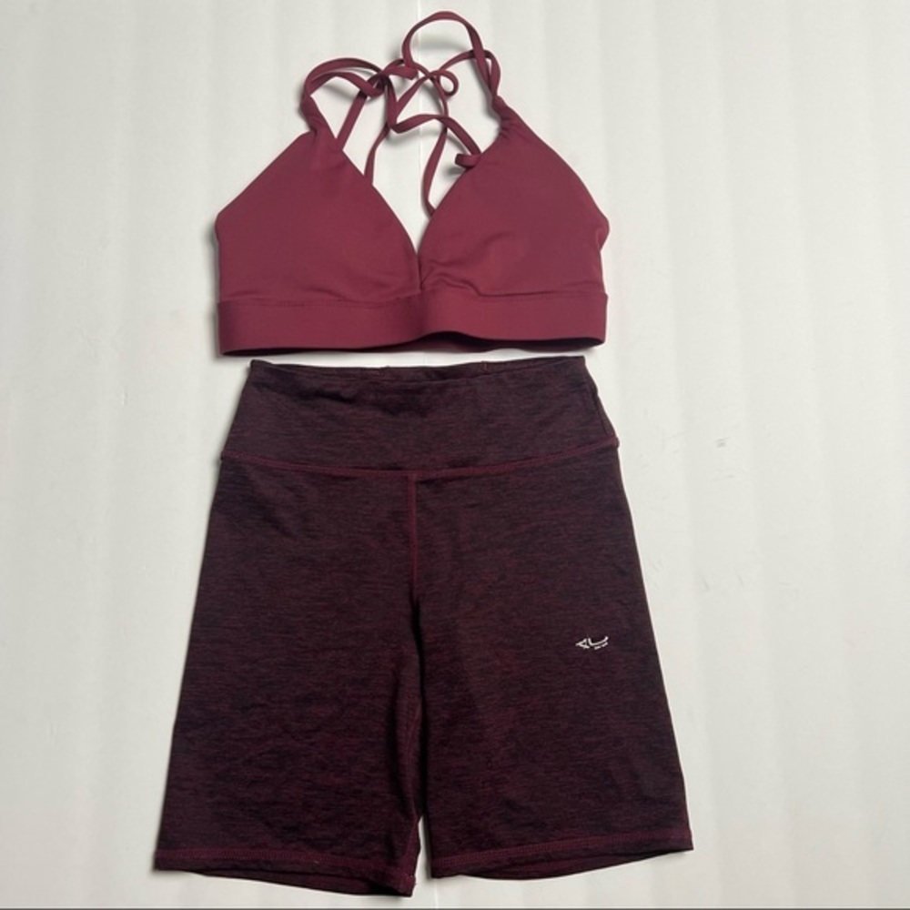 rohnisch maroon and black heathered biker shorts and matching sports bra